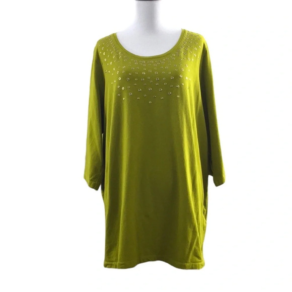 Catherines Pea Green Cotton Grommet T Shirt‎ Womens 0X 14/16W Short Sleeve Tee - Picture 1 of 10